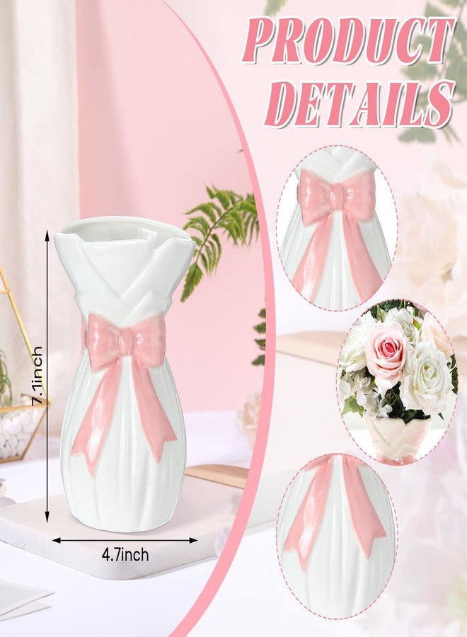 Ninehaoou Pink Bow Vase for Home Decor 7.1 Inch Cute Coquette Gifts for Women Girls Shabby Chic Decorative Ceramic Hand Made Vases for Bouquet Flower Modern Aesthetic Living Room Wedding Decor - Image 2